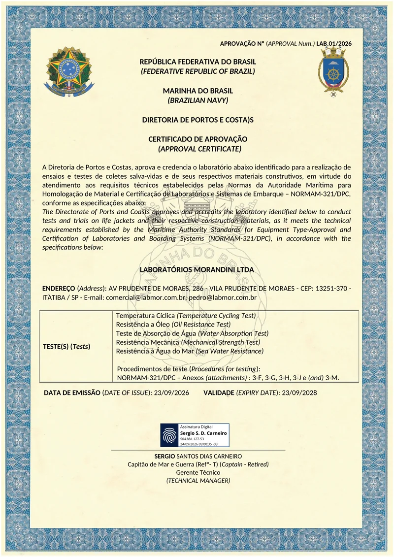 Certificado de Aprovação nº LAB.01/2026 da Diretoria de Portos e Costas, Marinha do Brasil, credenciando a Labmor para testes de coletes salva-vidas